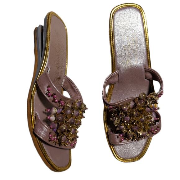 Vtg 1970s Lavender Metallic Faux Leather Embellished Wedge Slide Sandals Sz 6.5 - Picture 1 of 7
